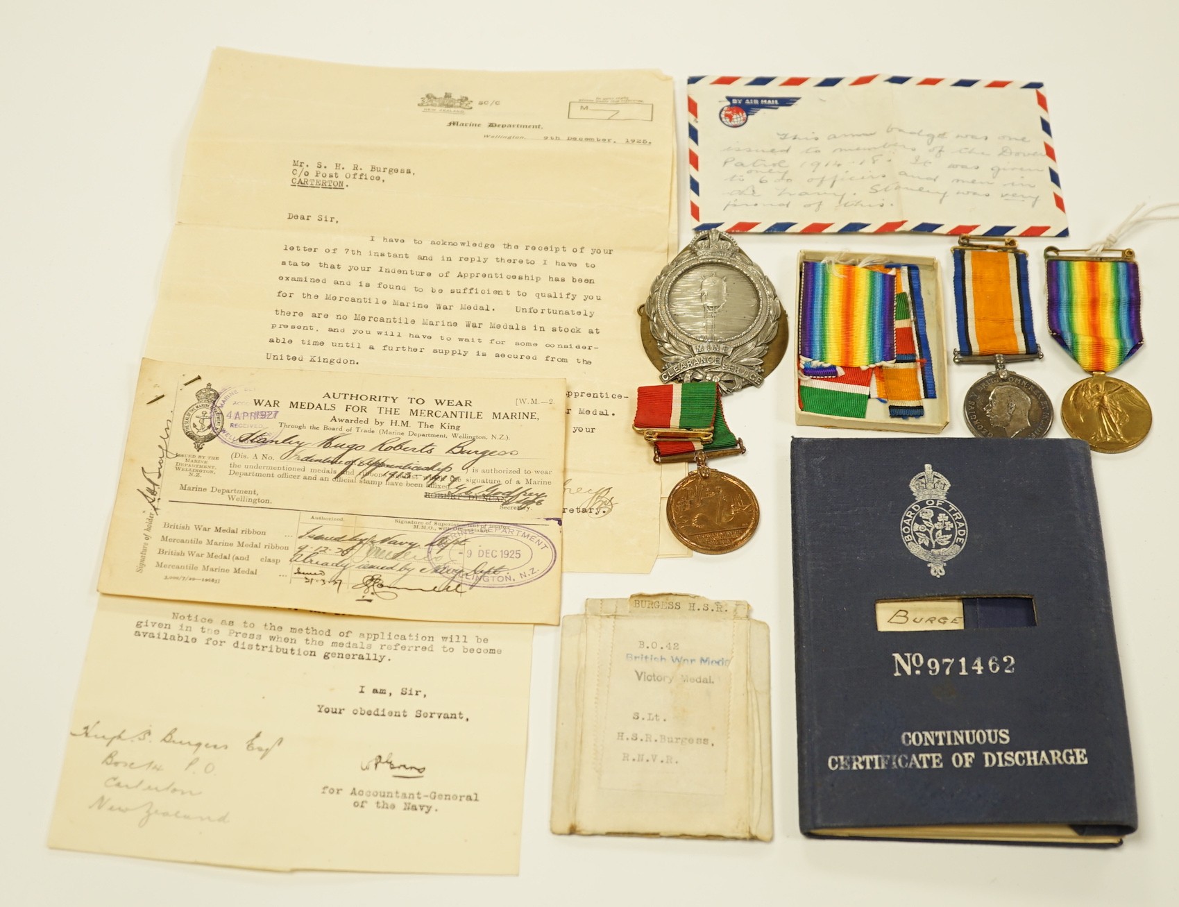 WWI medal group awarded to S. LT. H. S. R. BURGESS. R. N. V. R. and associated material including continuous certificate of discharge, authority to wear war medals, Mine Clearance etc.